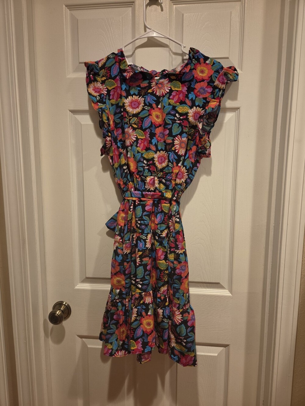 Floral Ruffle Midi Dress in Black with Multicolor Print - Picture 3 of 4